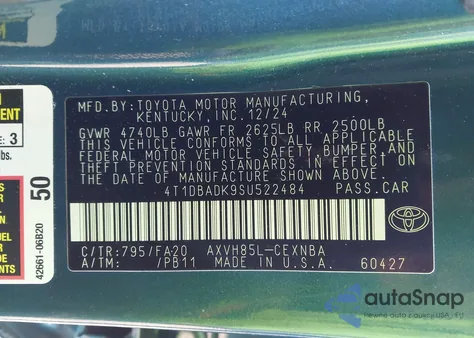 2025 Toyota Camry Le из США, поврежденный, VIN 4T1DBADK9SU522484